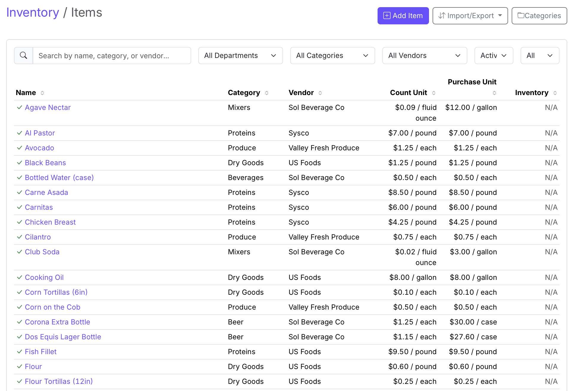 Inventory items list showing name, category, vendor, count unit, and purchase unit cost
