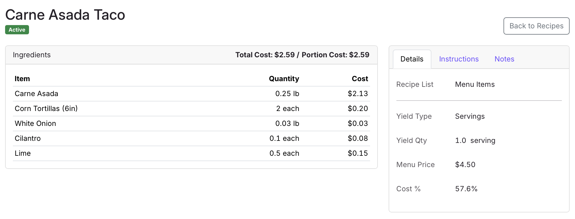 Recipe detail showing ingredients, quantities, and calculated plate cost